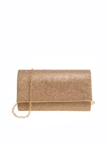 鋯石裝飾翻蓋鏈條方包 - 金色 - 查看 1