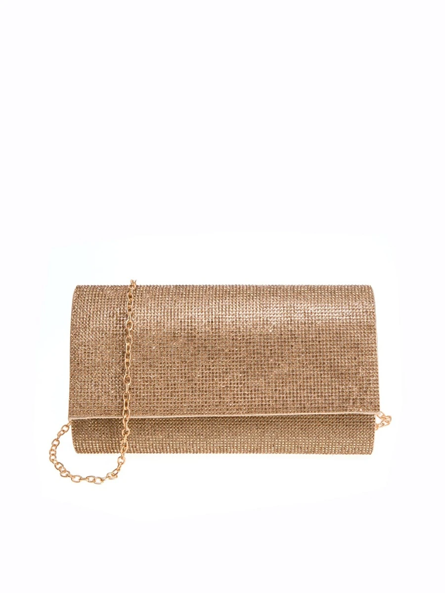 鋯石裝飾翻蓋鏈條方包 - 金色 - 查看 1