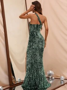 Đầm Tương phản Mesh Dây kéo Tách cao màu trơn Buổi tiệc - màu xanh lá - Xem 2