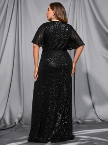 Faeriesty Elegant Women's Formal Evening Gown With All-Over Sequins, Dramatic Batwing Sleeves, And Defining Slim Waist Belt For Sophisticated Black-Tie Events, Gala Dinners, Award Ceremonies, Opera Nights, And Charity Balls - Black - View 2