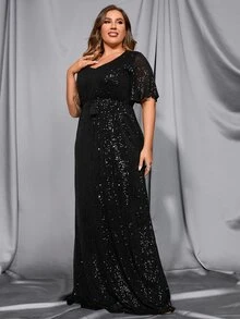 Faeriesty Elegant Women's Formal Evening Gown With All-Over Sequins, Dramatic Batwing Sleeves, And Defining Slim Waist Belt For Sophisticated Black-Tie Events, Gala Dinners, Award Ceremonies, Opera Nights, And Charity Balls - Black - View 3