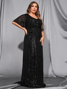 Faeriesty Elegant Women's Formal Evening Gown With All-Over Sequins, Dramatic Batwing Sleeves, And Defining Slim Waist Belt For Sophisticated Black-Tie Events, Gala Dinners, Award Ceremonies, Opera Nights, And Charity Balls - Black - View 4