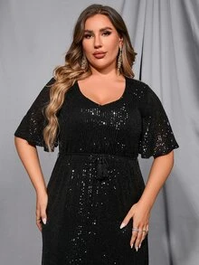 Faeriesty Elegant Women's Formal Evening Gown With All-Over Sequins, Dramatic Batwing Sleeves, And Defining Slim Waist Belt For Sophisticated Black-Tie Events, Gala Dinners, Award Ceremonies, Opera Nights, And Charity Balls - Black - View 5