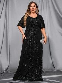 Faeriesty Elegant Women's Formal Evening Gown With All-Over Sequins, Dramatic Batwing Sleeves, And Defining Slim Waist Belt For Sophisticated Black-Tie Events, Gala Dinners, Award Ceremonies, Opera Nights, And Charity Balls - Black - View 6