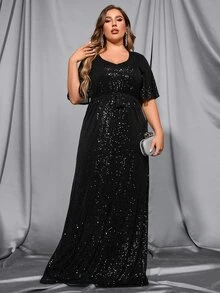 Faeriesty Elegant Women's Formal Evening Gown With All-Over Sequins, Dramatic Batwing Sleeves, And Defining Slim Waist Belt For Sophisticated Black-Tie Events, Gala Dinners, Award Ceremonies, Opera Nights, And Charity Balls - Black - View 8