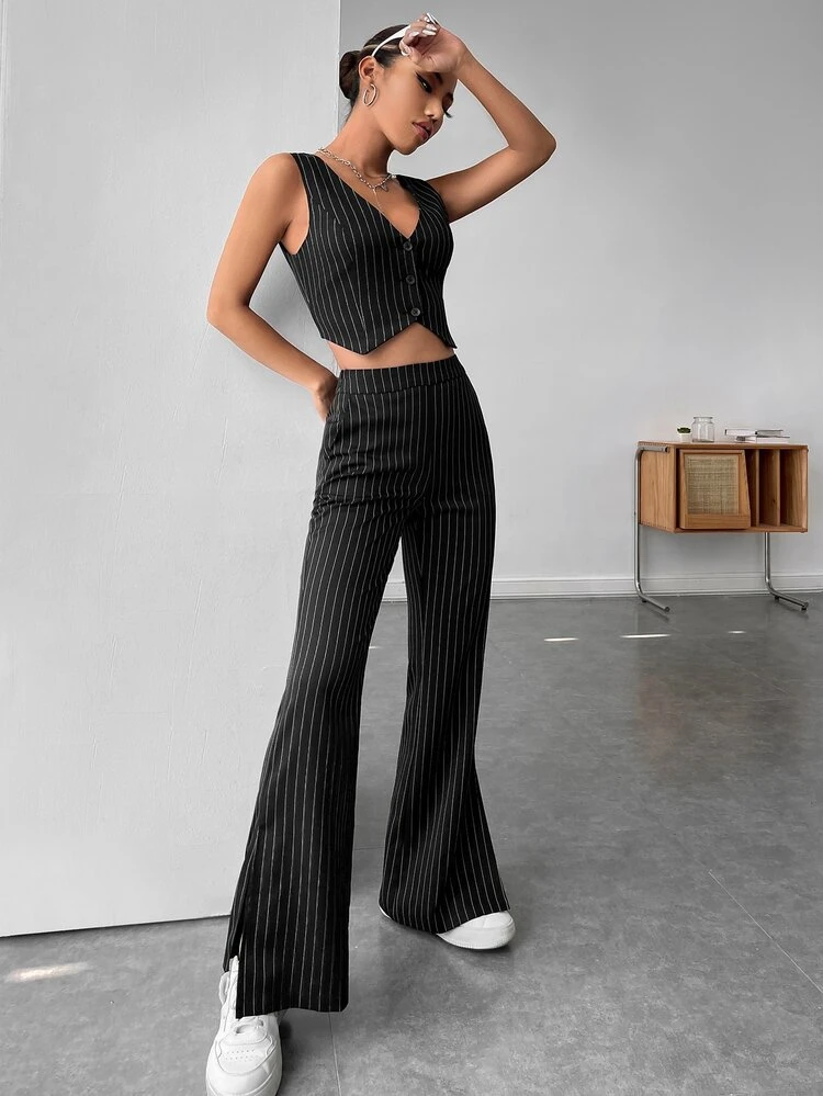 Striped Print Single Breasted Vest Blazer & Pants