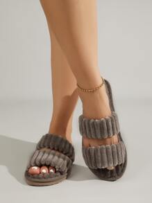 Dép đi trong nhà quai đôi mùa thu/đông, dép đi trong nhà nhẹ và thoải mái cho nữ họa tiết sọc, quai đôi, dép bệt hở mũi màu nâu, dép lông - Màu nâu  Mocha - Xem 2