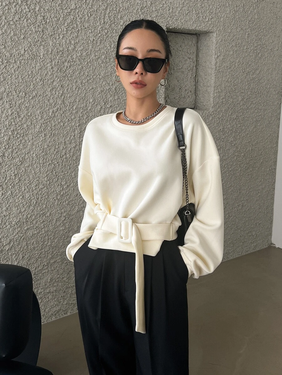 DAZY Drop Shoulder Buckled Detail Pullover - Beige - View 1