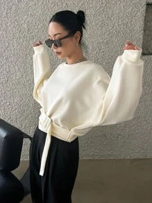 DAZY Drop Shoulder Buckled Detail Pullover - Beige - View 7