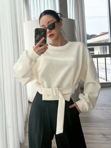 DAZY Drop Shoulder Buckled Detail Pullover - Beige - View 8