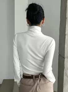 DAZY High Neck Solid Tee,Fall Clothes Long Sleeve Women Tops - White - View 2