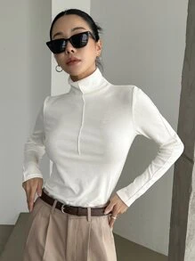 DAZY High Neck Solid Tee,Fall Clothes Long Sleeve Women Tops - White - View 3