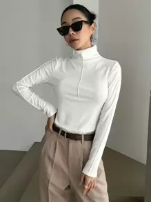 DAZY High Neck Solid Tee,Fall Clothes Long Sleeve Women Tops - White - View 4