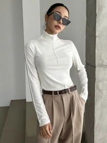 DAZY High Neck Solid Tee,Fall Clothes Long Sleeve Women Tops - White - View 5