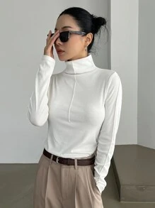 DAZY High Neck Solid Tee,Fall Clothes Long Sleeve Women Tops - White - View 7