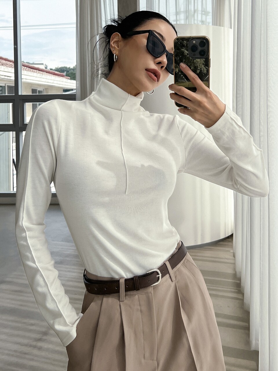 High Neck Solid Tee,Fall Clothes Long Sleeve Women Tops