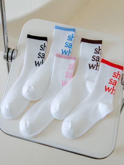 5雙新款女式英文字母中筒襪，顏色隨機，秋季