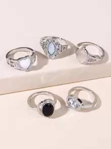 5 piezas Anillo con diamante de imitación & con adorno de corazón - Multicolor - Ver 1