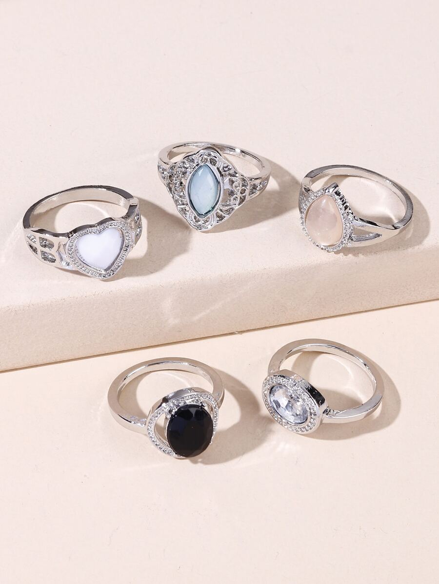 5 piezas Anillo con diamante de imitación & con adorno de corazón - Multicolor - Ver 1