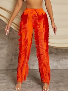 Pantalones ribete con fleco de cintura con cordón - Naranja - Ver 1