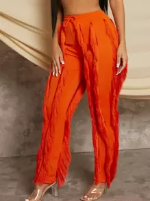Pantalones ribete con fleco de cintura con cordón - Naranja - Ver 3
