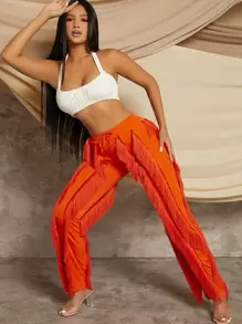 Pantalones ribete con fleco de cintura con cordón - Naranja - Ver 4