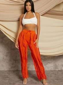 Pantalones ribete con fleco de cintura con cordón - Naranja - Ver 5