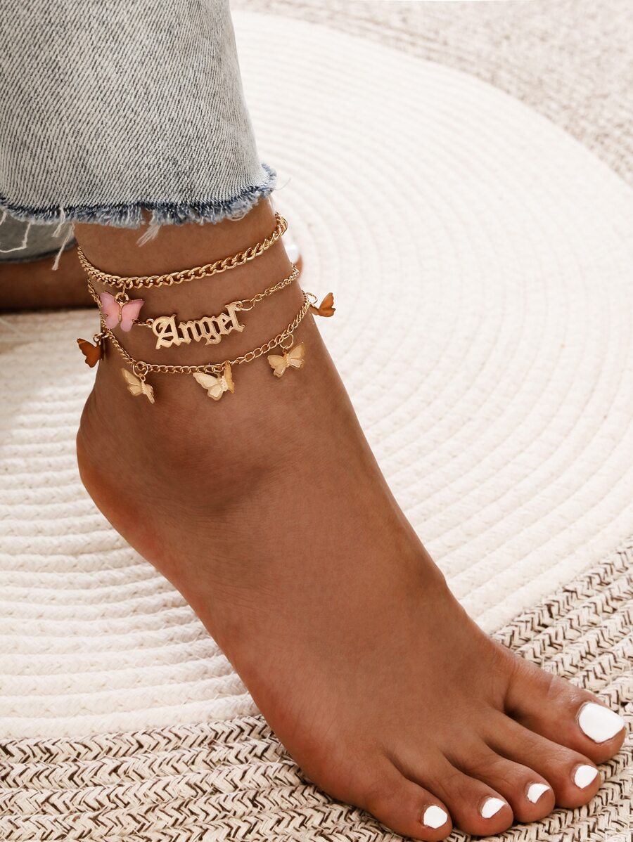 3pcs Letter & Butterfly Decor Anklet - Yellow Gold - View 1
