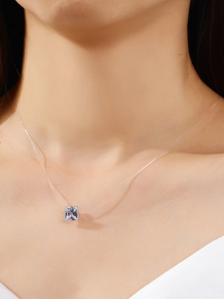 Cubic Zirconia Square Charm Necklace - Silver - View 2
