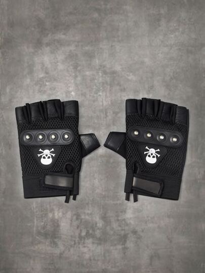 Grunge Punk Skull Print Studded Decor Fingerless Gloves