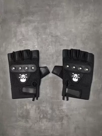 ROMWE Grunge Punk Guantes sin dedo estampado de cráneo con diseño de tachuela