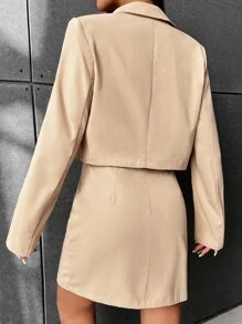 SHEIN EZwear 西裝領單釦短版西裝和下擺開叉吊帶連衣裙 - 卡其色 - 查看 4