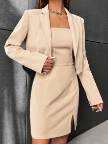SHEIN EZwear 西裝領單釦短版西裝和下擺開叉吊帶連衣裙 - 卡其色 - 查看 3