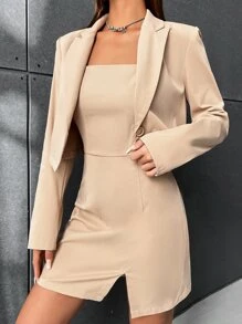 SHEIN EZwear 西裝領單釦短版西裝和下擺開叉吊帶連衣裙 - 卡其色 - 查看 2