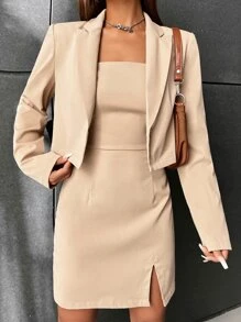 SHEIN EZwear 西裝領單釦短版西裝和下擺開叉吊帶連衣裙 - 卡其色 - 查看 5