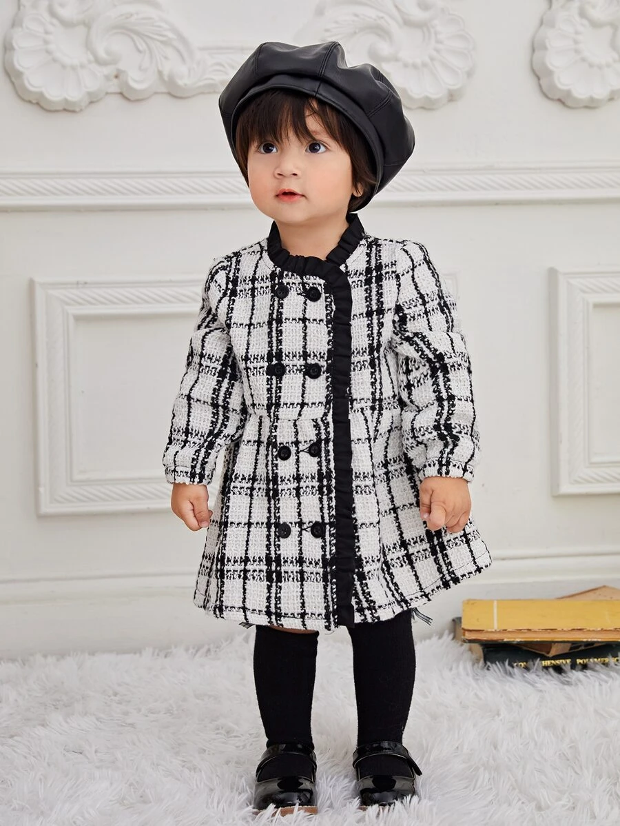 SHEIN Baby Girl Plaid Print Double Breasted Coat - Black and White - View 1