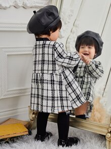 SHEIN Baby Girl Plaid Print Double Breasted Coat - Black and White - View 2