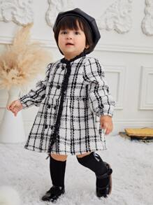 SHEIN Baby Girl Plaid Print Double Breasted Coat - Black and White - View 3