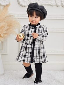 SHEIN Baby Girl Plaid Print Double Breasted Coat - Black and White - View 4