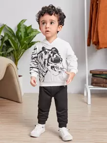 SHEIN 男嬰老虎印花連帽衫和束腳褲套裝 - 黑與白 - 查看 1