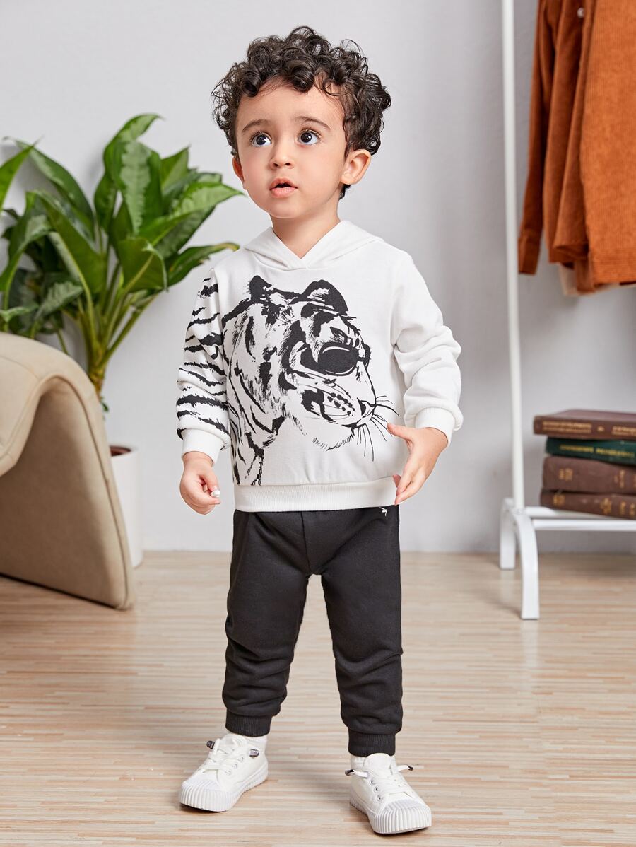 SHEIN 男嬰老虎印花連帽衫和束腳褲套裝 - 黑與白 - 查看 1