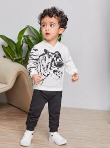 SHEIN 男嬰老虎印花連帽衫和束腳褲套裝 - 黑與白 - 查看 2