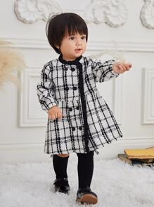 SHEIN Baby Girl Plaid Print Double Breasted Coat - Black and White - View 5