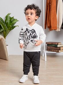 SHEIN 男嬰老虎印花連帽衫和束腳褲套裝 - 黑與白 - 查看 3