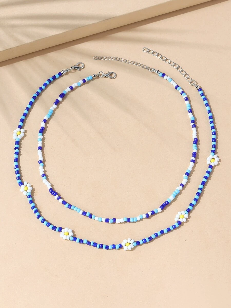 2入組撞色串珠項鏈 - 寶藍色 - 查看 1