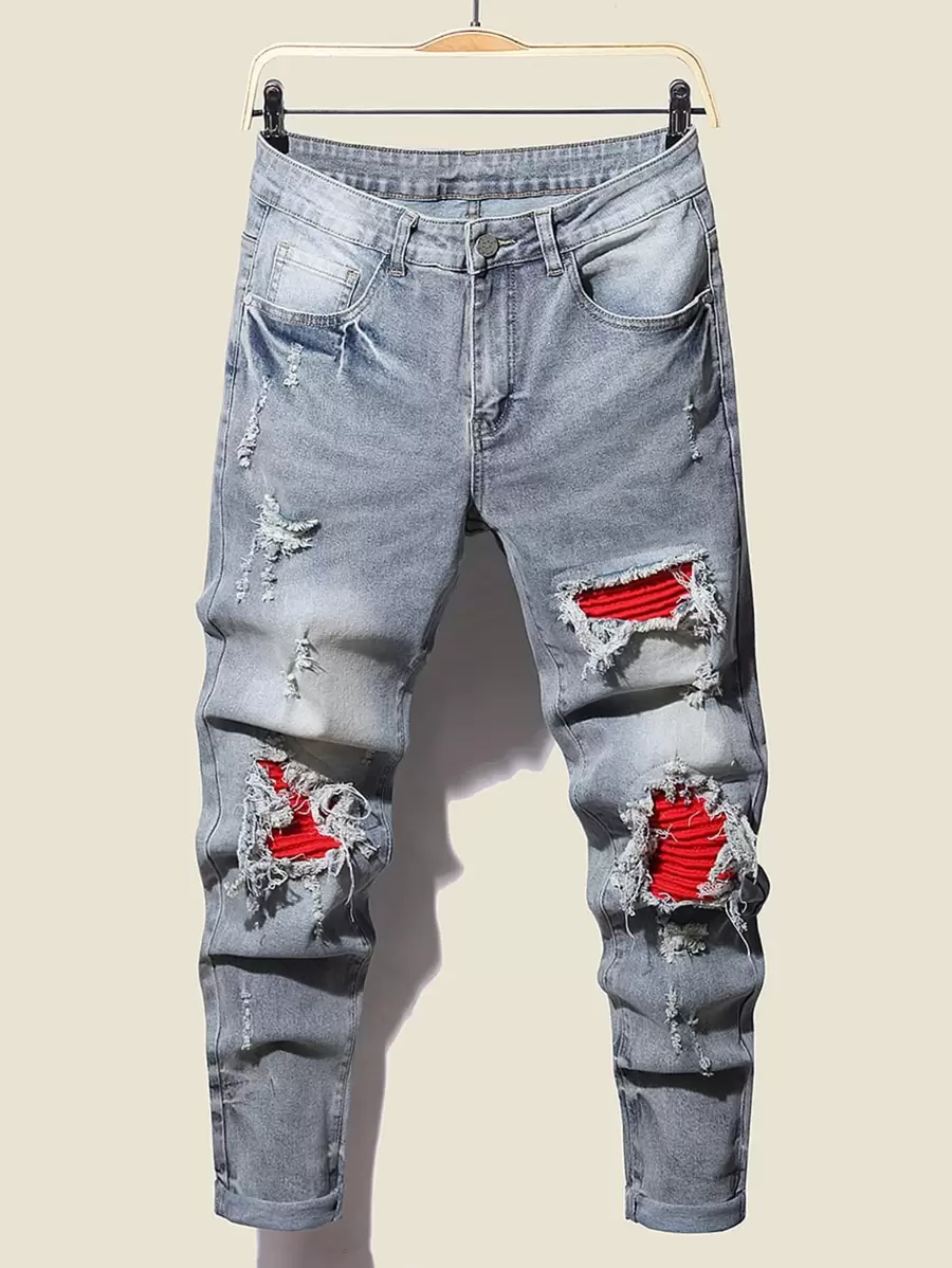 Manfinity Men Ripped Patched Jeans - Light Wash - View 1