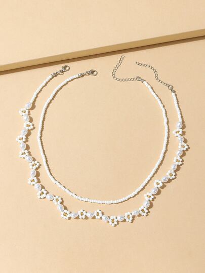 2pcs Bohemian Fresh Beads & Pearl Flower Necklace Sets For Women, Cute Handmade Jewelry Accessories, Suitable For Vacation And Daily Wear Valentines,Mom,Mother,Mother's Day,Gift