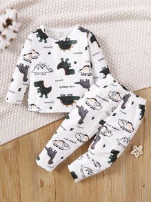 男嬰卡通和字母圖案T恤和褲子 - 白色 - 查看 1