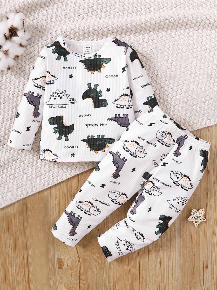 男嬰卡通和字母圖案T恤和褲子 - 白色 - 查看 1