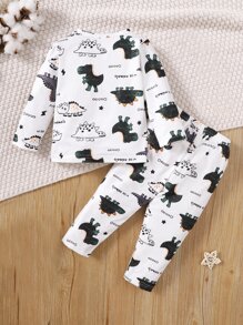 男嬰卡通和字母圖案T恤和褲子 - 白色 - 查看 2